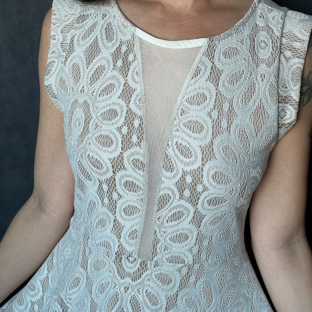 Cream & Tan Patterned Flamingo Dress - Flattering A-Line and Mesh Cutouts